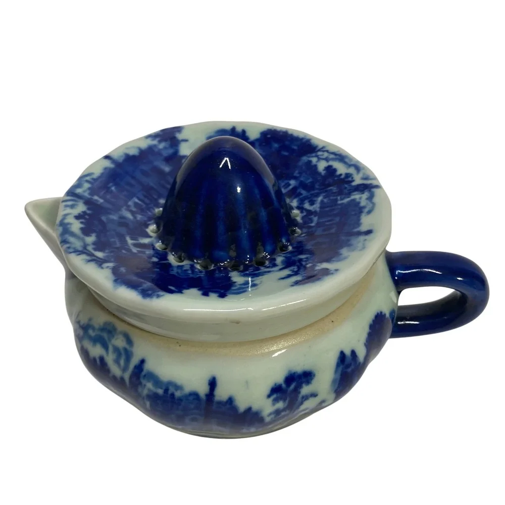 Victoria Ware Ironstone Flow Blue Citrus Juicer Reamer‎ 2 Piece Set Landscape